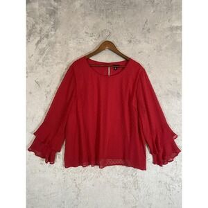 Tacera Blouse Womens 3X Red Swiss Dot Sheer Lined Ruffle Bell Sleeve Boho Career